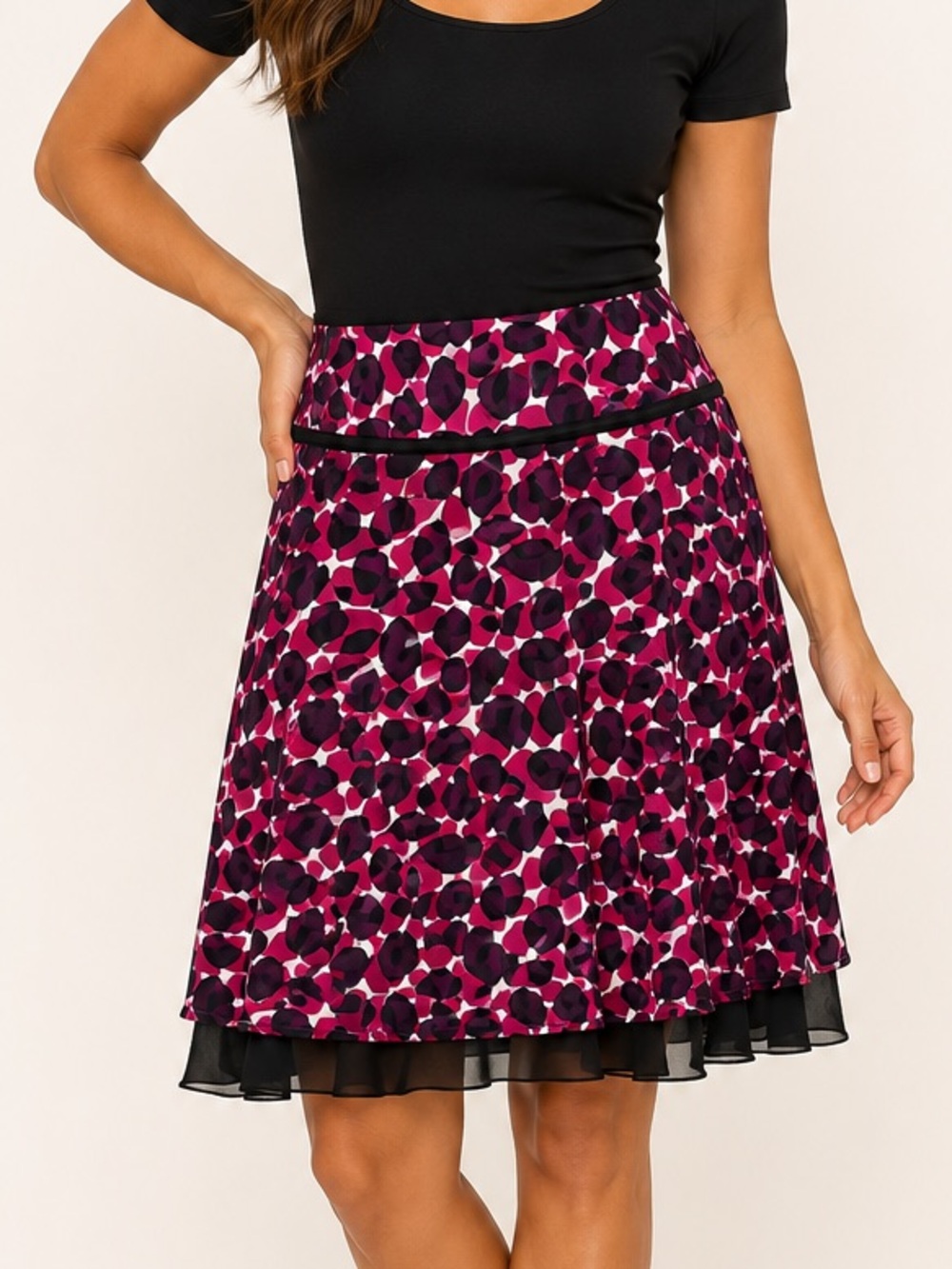 Cato Magenta and Black Patterned A-Line Skirt